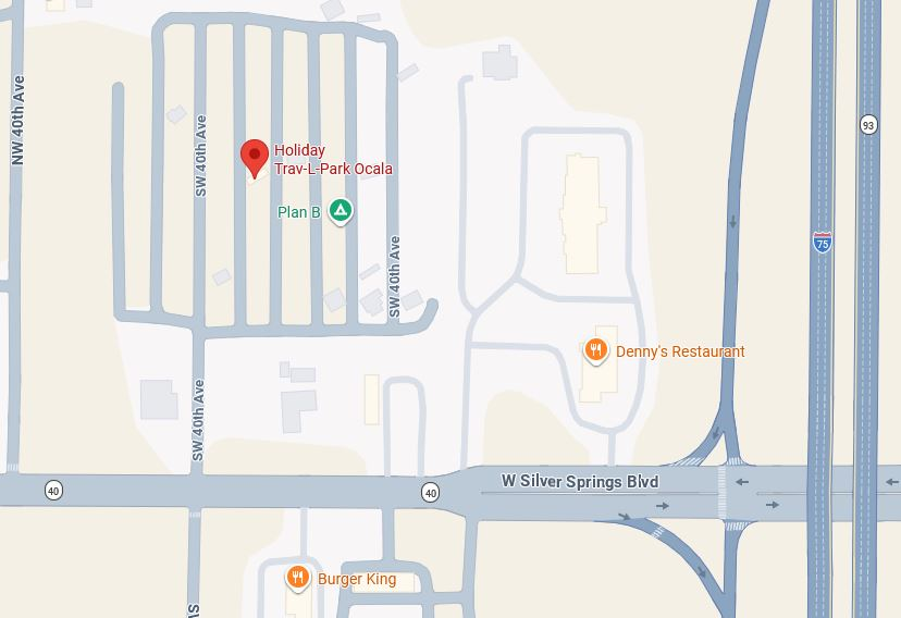 Map showing Holiday Trav-L-Park Ocala near I-75 and West Silver Springs Boulevard